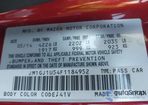 2015 Mazda Mazda6 I Sport z USA, uszkodzony, nr VIN JM1GJ1U54F1184952